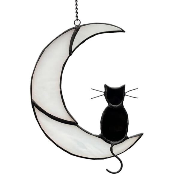Black Cat Decor On White Moon Stained Glass Window Hanging - Picture 1 of 8